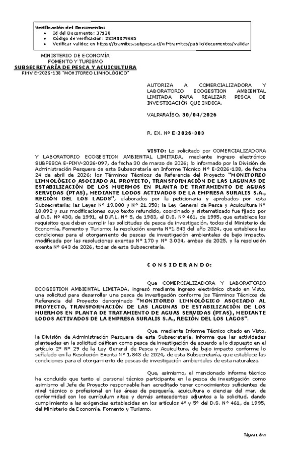R. EX. Nº E-2026-303 AUTORIZA  LABORATORIO  A  COMERCIALIZADORA  Y ECOGESTION AMBIENTAL LIMITADA PARA REALIZAR PESCA DE INVESTIGACIÓN QUE INDICA. (Publicado en Página Web 04-05-2026)