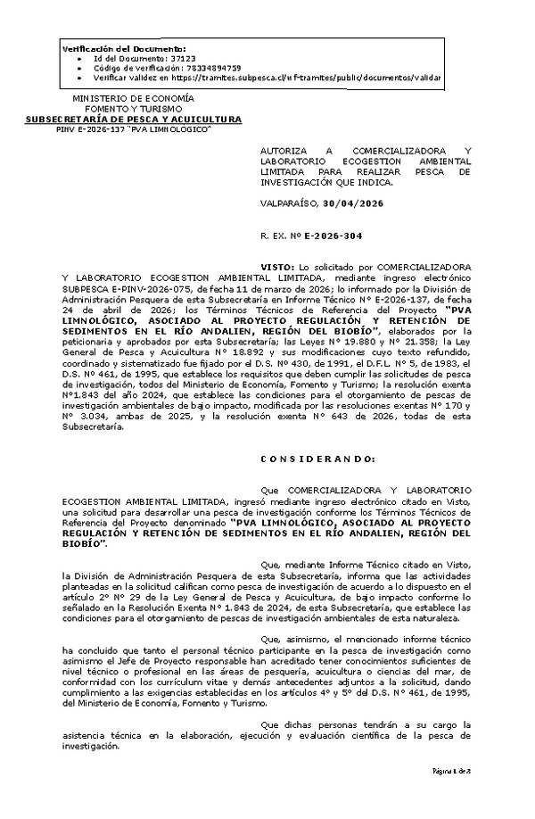 R. EX. Nº E-2026-304 AUTORIZA LABORATORIO A COMERCIALIZADORA Y ECOGESTION AMBIENTAL LIMITADA PARA REALIZAR PESCA DE INVESTIGACIÓN QUE INDICA. (Publicado en Página Web 04-05-2026)