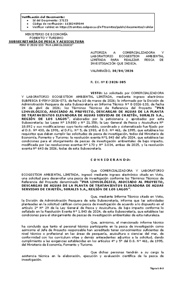 R. EX. Nº E-2026-305 AUTORIZA  LABORATORIO  A  COMERCIALIZADORA  Y ECOGESTION AMBIENTAL LIMITADA PARA REALIZAR PESCA DE INVESTIGACIÓN QUE INDICA. (Publicado en Página Web 04-05-2026)