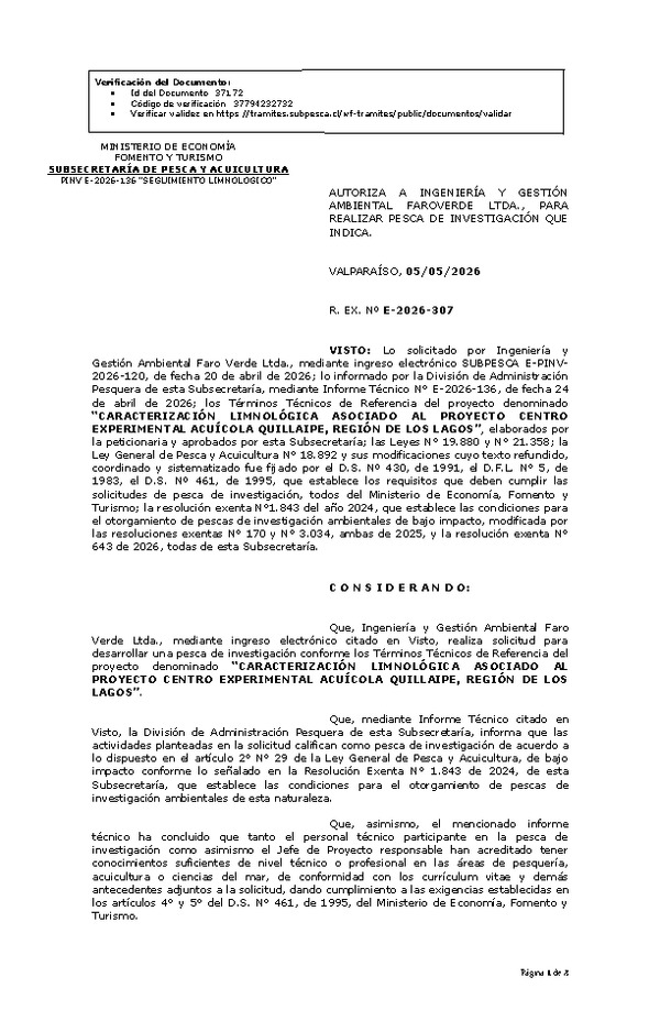 R. EX. Nº E-2026-307 AUTORIZA A INGENIERÍA Y GESTIÓN AMBIENTAL FAROVERDE LTDA., PARA REALIZAR PESCA DE INVESTIGACIÓN QUE INDICA. (Publicado en Página Web 05-05-2026)