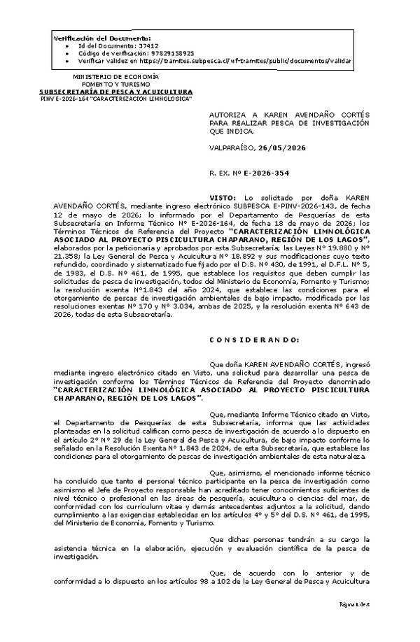 R. EX. Nº E-2026-354 AUTORIZA A KAREN AVENDAÑO CORTÉS PARA REALIZAR PESCA DE INVESTIGACIÓN QUE INDICA. (Publicado en Página Web 27-05-2026)