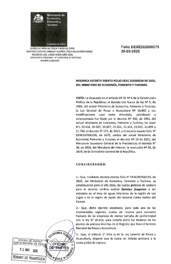 Dec. Ex. Folio 202600079 Modifica Dec. Ex. Folio 202500239 Establece Cuotas Globales de Captura para Sardina Austral, en el Área de Aguas Interiores Regiones de Los Lagos y Aysén, Año 2026. (Publicado en Página Web 28-05-2026)(F.D.O. 10-06-2026)