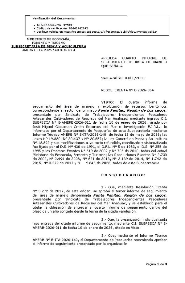 RESOL. EXENTA Nº E-2026-364 Aprueba cuarto informe de seguimiento. (Publicado en Página Web 08-06-2026)