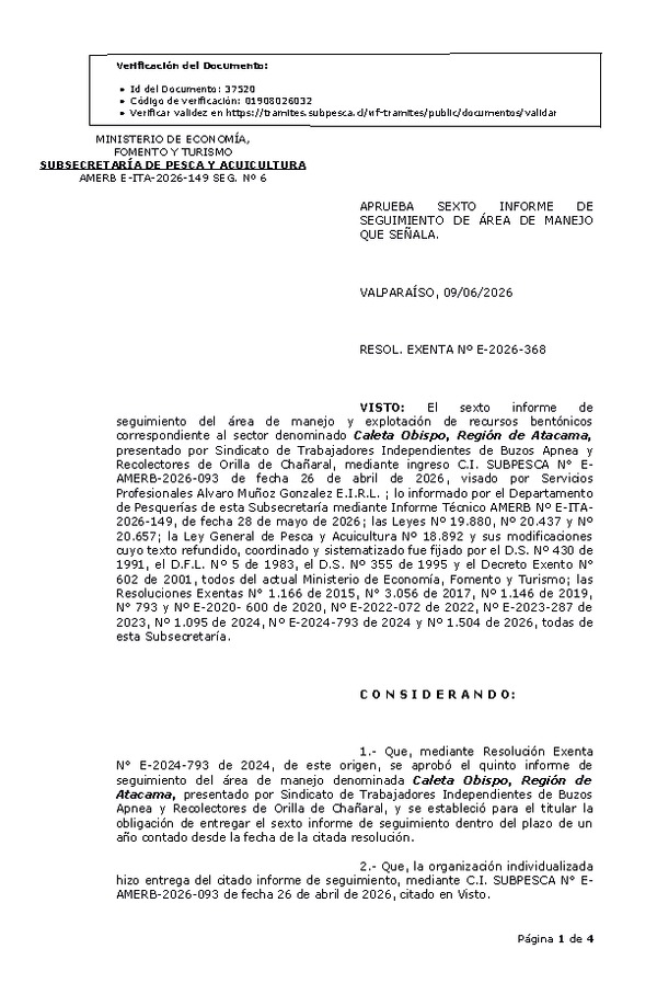 RESOL. EXENTA Nº E-2026-368 Aprueba sexto informe de seguimiento. (Publicado en Página Web 11-06-2026)