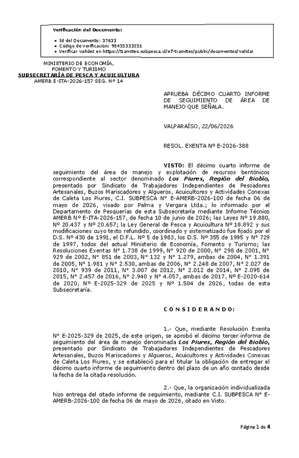 RESOL. EXENTA Nº E-2026-388 Aprueba décimo cuarto de informe de seguimiento. (Publicado en Página Web 23-06-2026)