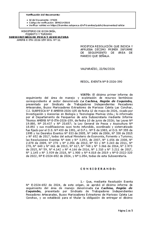 RES. EX. Nº E-2026-390 Modifica resolución que indica, aprueba décimo primer informe de seguimiento. (Publicado en Página Web 23-06-2026)