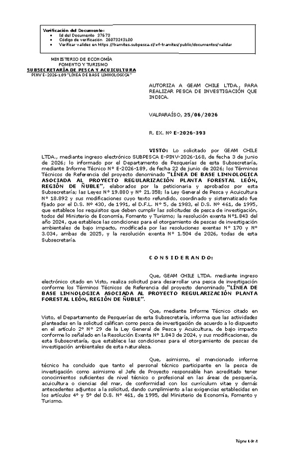 R. EX. Nº E-2026-393 AUTORIZA A GEAM CHILE LTDA., PARA REALIZAR PESCA DE INVESTIGACIÓN QUE INDICA. (Publicado en Página Web 26-06-2026)