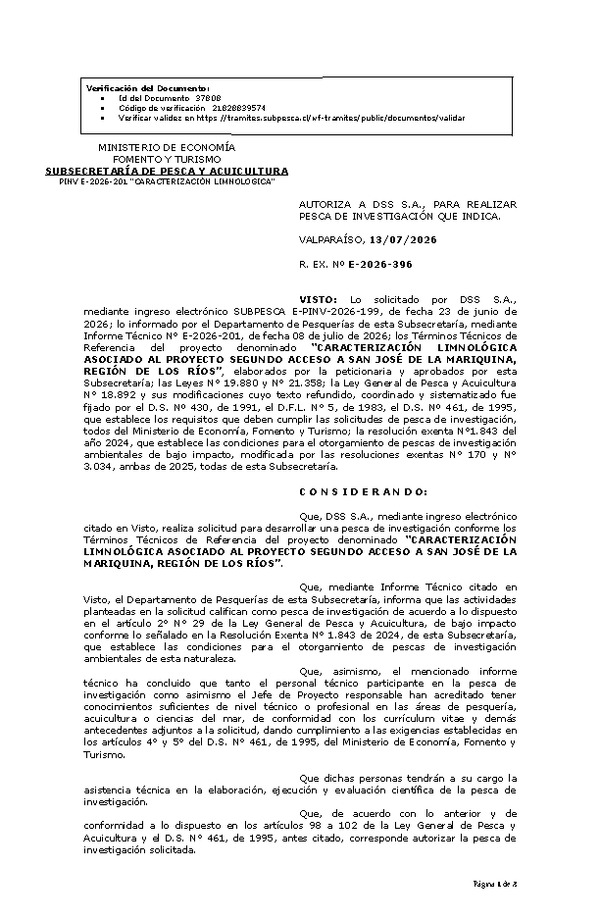 RESOL. EXENTA Nº E-2026-396 AUTORIZA A DSS S.A., PARA REALIZAR PESCA DE INVESTIGACIÓN QUE INDICA. (Publicado en Página Web 13-07-2026)