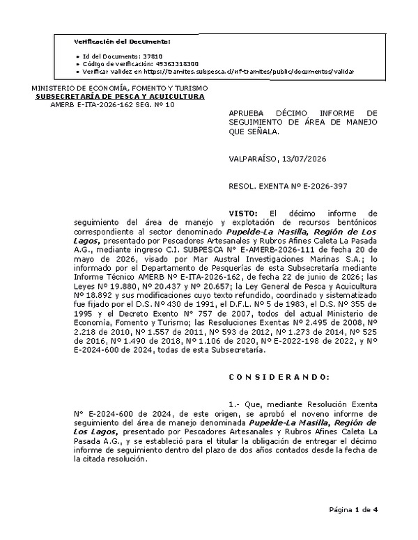 RESOL. EXENTA Nº E-2026-397 Aprueba décimo informe de seguimiento. (Publicado en Página Web 14-07-2026)