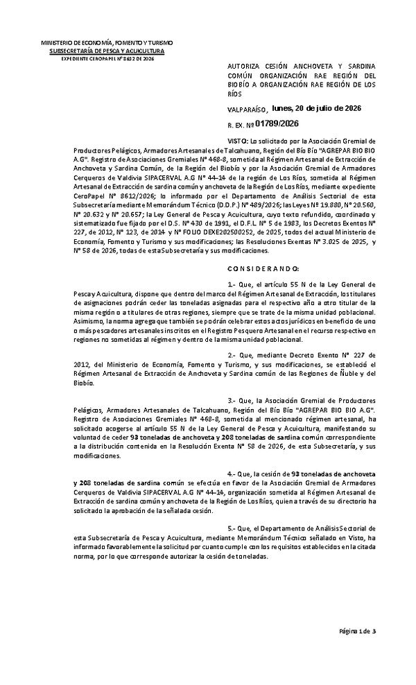 Res. Ex. N° 1789-2026 Autoriza cesión Anchoveta y Sardina común, Regiones del Biobío a Los Ríos. (Publicado en Página Web 21-07-2026)