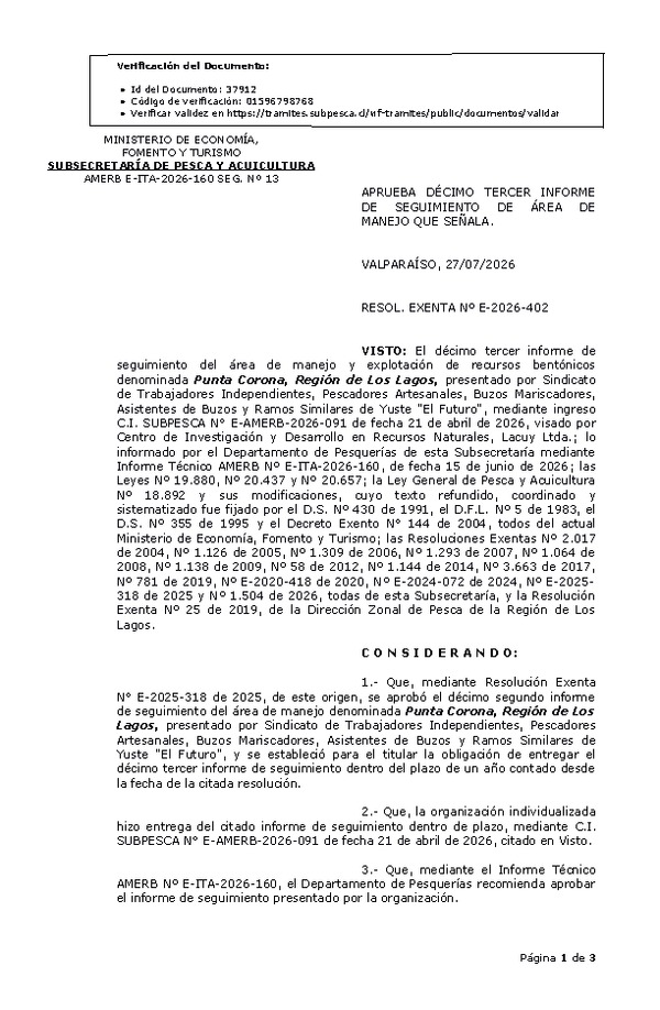 RESOL. EXENTA Nº E-2026-402 Aprueba décimo tercer informe de seguimiento. (Publicado en Página Web 27-07-2026)