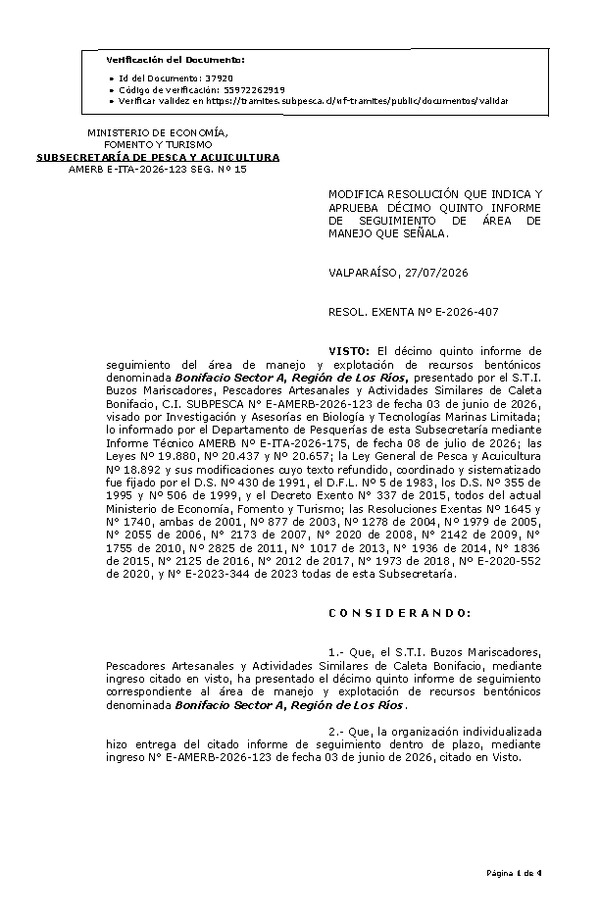 RESOL. EXENTA Nº E-2026-407 Modifica resolución que indica, aprueba décimo quinto informe de seguimiento. (Publicado en Página Web 27-07-2026)