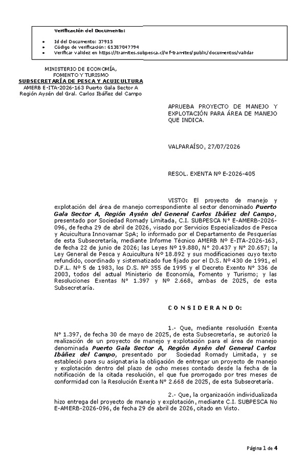 RESOL. EXENTA Nº E-2026-405 Aprueba proyecto de manejo y explotación de área de manejo que indica. (Publicado en Página Web 27-07-2026)