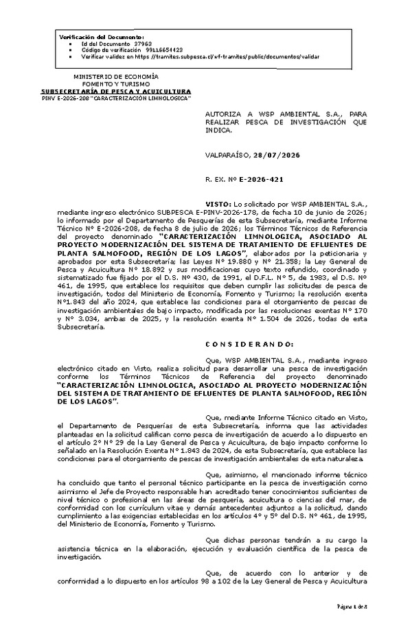 R. EX. Nº E-2026-421 AUTORIZA A WSP AMBIENTAL S.A., PARA REALIZAR PESCA DE INVESTIGACIÓN QUE INDICA. (Publicado en Página Web 28-07-2026)
