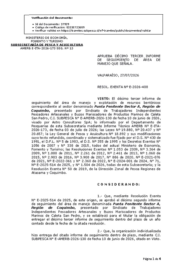 RESOL. EXENTA Nº E-2026-408 Aprueba décimo tercer informe de seguimiento. (Publicado en Página Web 28-07-2026)