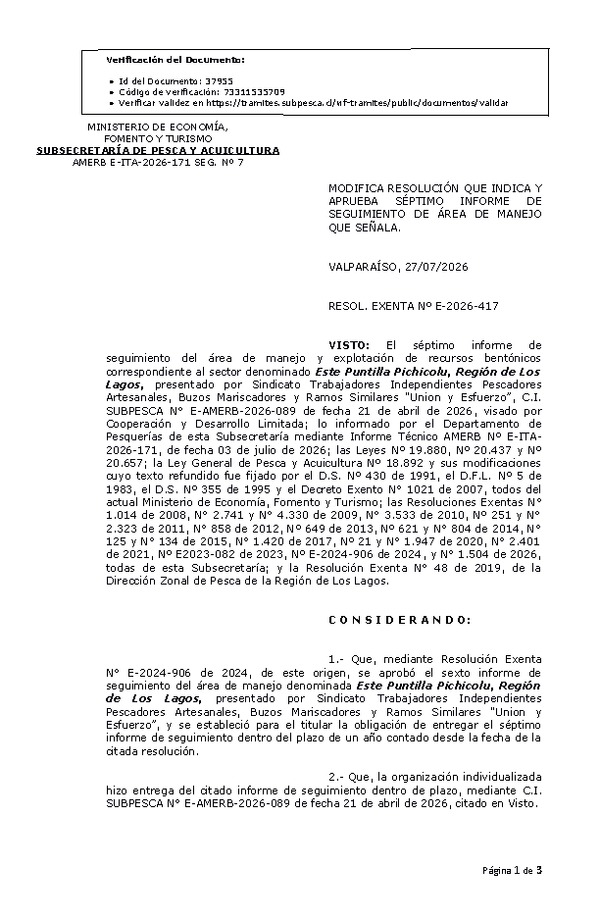 RESOL. EXENTA Nº E-2026-417 Modifica resolución que indica, aprueba séptimo informe de seguimiento. (Publicado en Página Web 28-07-2026)