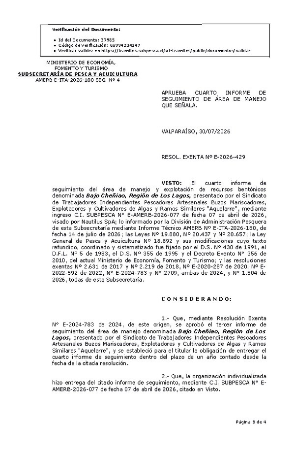 RESOL. EXENTA Nº E-2026-429 Aprueba cuarto informe de seguimiento. (Publicado en Página Web 31-07-2026)