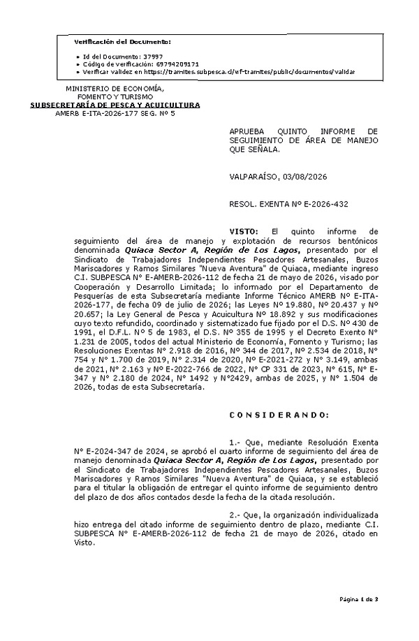 RESOL. EXENTA Nº E-2026-432 Aprueba quinto informe de seguimiento. (Publicado en Página Web 04-08-2026)
