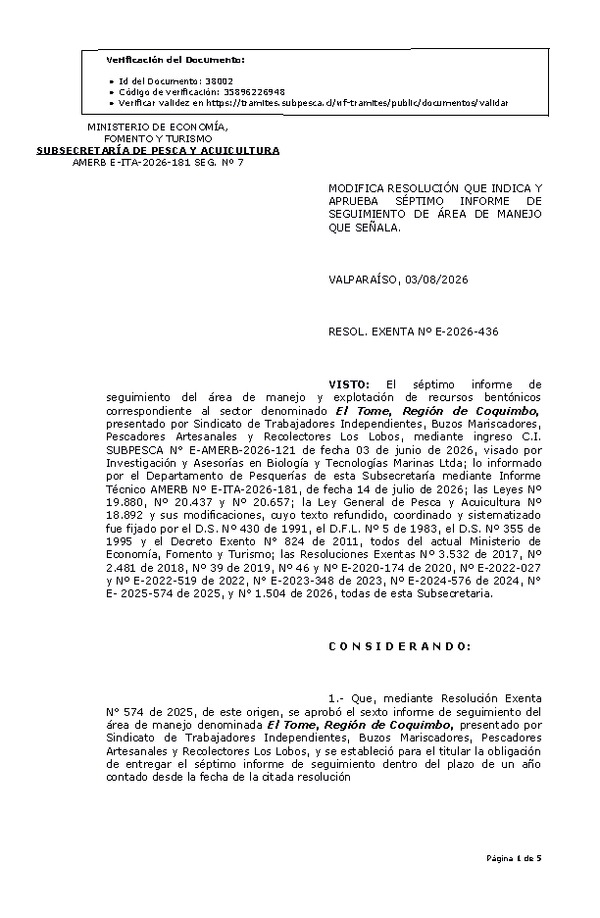  RESOL. EXENTA Nº E-2026-436 Aprueba séptimo informe de seguimiento. (Publicado en Página Web 04-08-2026)