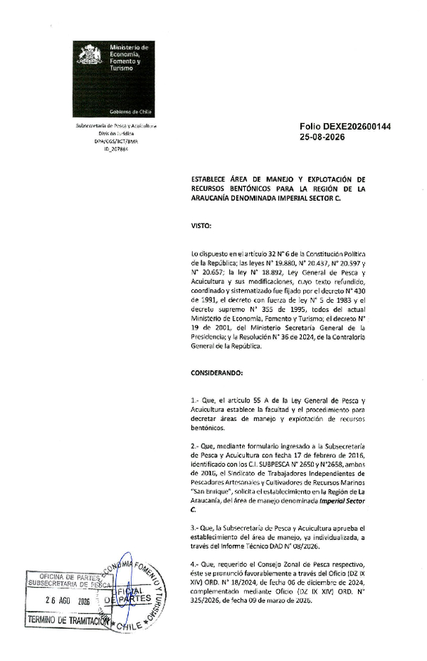 Dec. Ex. Folio 202600144 Establece Área de Manejo y Explotación de Recursos Bentónicos para la Región de La Araucanía Denominada Imperial Sector C. (Publicado en Página Web 28-08-2026)