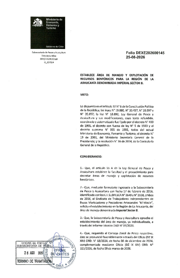 Dec. Ex. Folio 202600145 Establece Área de Manejo y Explotación de Recursos Bentónicos para la Región de La Araucanía Denominada Imperial Sector B. (Publicado en Página Web 28-08-2026)