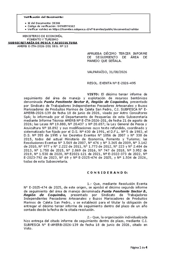 RESOL. EXENTA Nº E-2026-495 Aprueba décimo tercer informe de seguimiento. (Publicado en Página Web 02-09-2026)