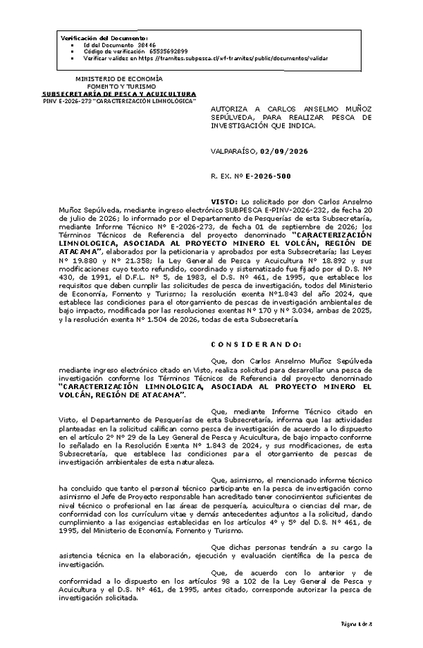R. EX. Nº E-2026-500 AUTORIZA A CARLOS ANSELMO MUÑOZ SEPÚLVEDA, PARA REALIZAR PESCA DE INVESTIGACIÓN QUE INDICA. (Publicado en Página Web 03-09-2026