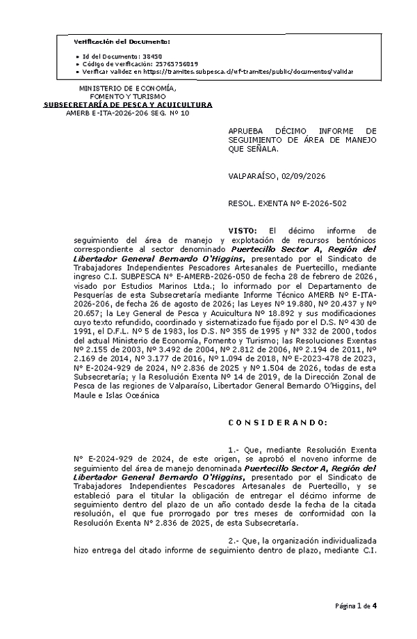 RESOL. EXENTA Nº E-2026-502 Aprueba décimo informe de seguimiento. (Publicado en Página Web 04-09-2026)