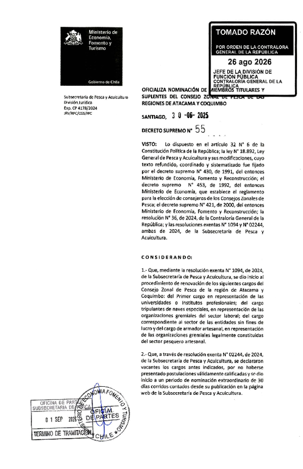 D.S. N° 55-2025 Oficializa Nominación de Miembros Titulares y Suplentes del Consejo Zonal de Pesca de las Regiones de Atacama y Coquimbo. (Publicado en Página Web 08-09-2026) (F.D.O. 08-09-2026)