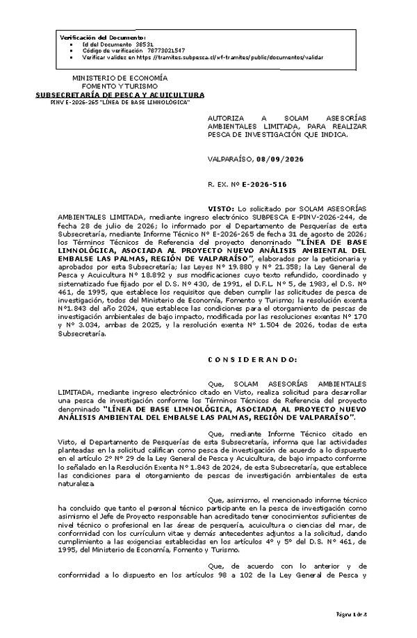 R. EX. Nº E-2026-516 AUTORIZA A SOLAM ASESORÍAS AMBIENTALES LIMITADA, PARA REALIZAR PESCA DE INVESTIGACIÓN QUE INDICA. (Publicado en Página Web 08-09-2026)