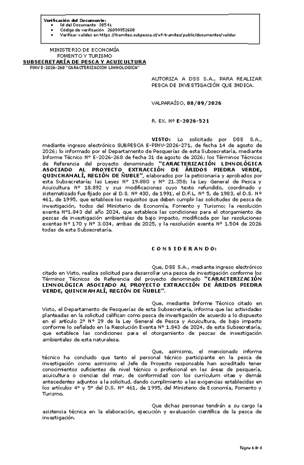 R. EX. Nº E-2026-521 AUTORIZA A DSS S.A., PARA REALIZAR PESCA DE INVESTIGACIÓN QUE INDICA. (Publicado en Página Web 08-09-2026).