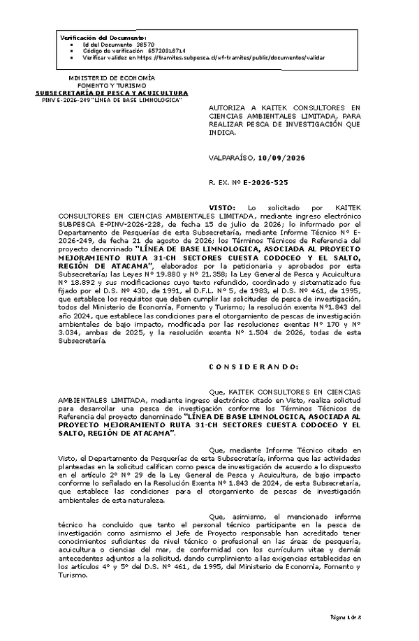 R. EX. Nº E-2026-525 AUTORIZA A KAITEK CONSULTORES EN CIENCIAS AMBIENTALES LIMITADA, PARA REALIZAR PESCA DE INVESTIGACIÓN QUE INDICA. (Publicado en Página Web 10-09-2026).