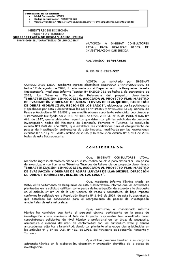 R. EX. Nº E-2026-527 AUTORIZA A INGENAT CONSULTORES LTDA., PARA REALIZAR PESCA DE INVESTIGACIÓN QUE INDICA. (Publicado en Página Web 10-09-2026).