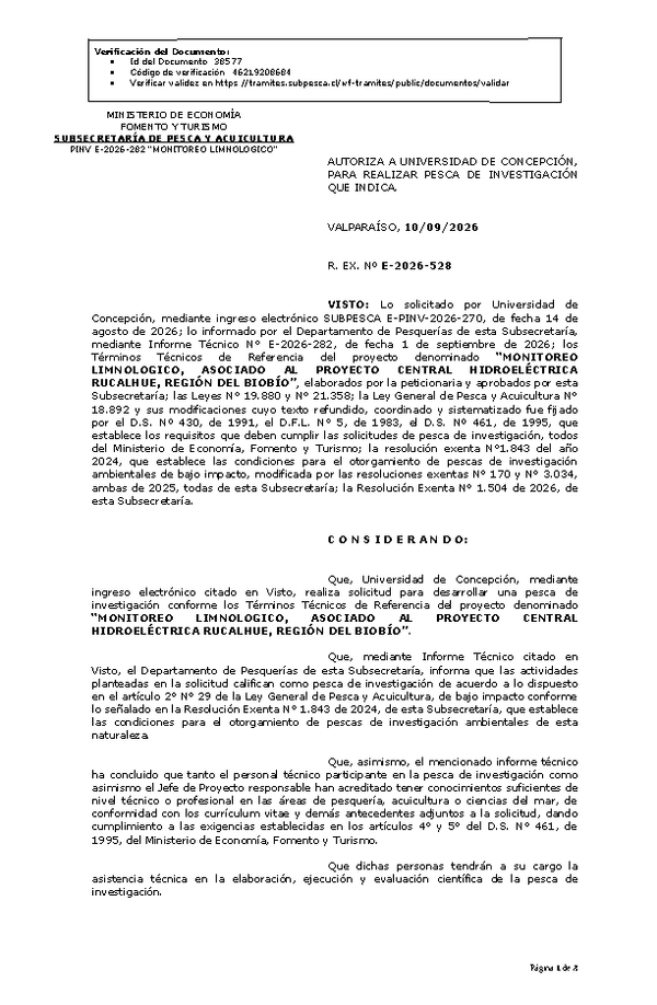 R. EX. Nº E-2026-528 AUTORIZA A UNIVERSIDAD DE CONCEPCIÓN, PARA REALIZAR PESCA DE INVESTIGACIÓN QUE INDICA. (Publicado en Página Web 10-09-2026).