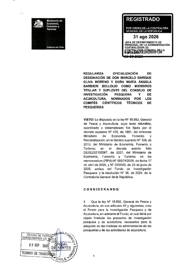 Dec. Ex. Folio N° 202600126 Regulariza Oficialización de Designación de Don Marcelo Enrique Oliva Moreno y Doña María Ángela Barbieri Bellolio Como Miembros Titular y Suplente del Consejo de Investigación Pesquera y de Acuicultura, Nominados por Los Comités Científicos Técnicos de Pesquerías. (Publicado en Página Web 10-09-2026)
