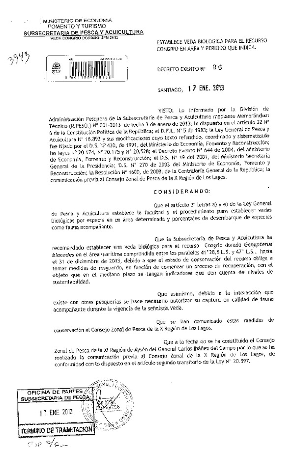 Decreto Nº 36 de 2013, establece Veda biológica Congrio Dorado, X-XI Región.