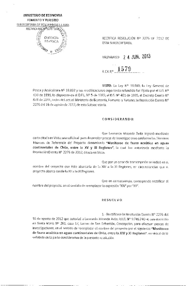 Resolución Nº 1579 de 2013 rectifica Resolución Nº 2276 de 2012.
