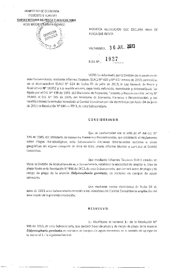 R EX Nº 1927-2013 Modifica R EX Nº 996-2013 Área de Plaga XII Región.(F.D.O. 05-08-2013)
