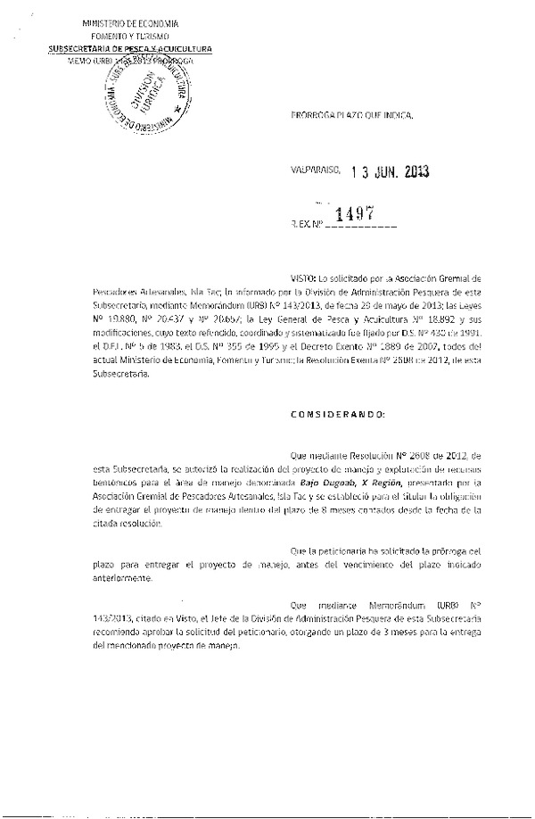R EX Nº 1497-2013 PRORROGA PLAN DE MANEJO.