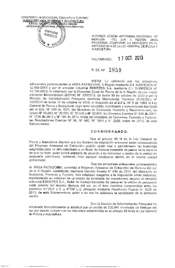 R EX Nº 2859-2013 Autoriza Cesión Recurso Merluza del sur X Región.