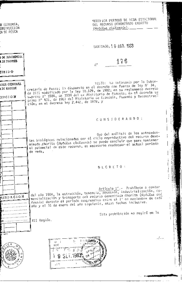D.S. Nº 176-83 Modifica período de Veda Estacional del recurso Chorito. (F.D.O. 14-09-1983)