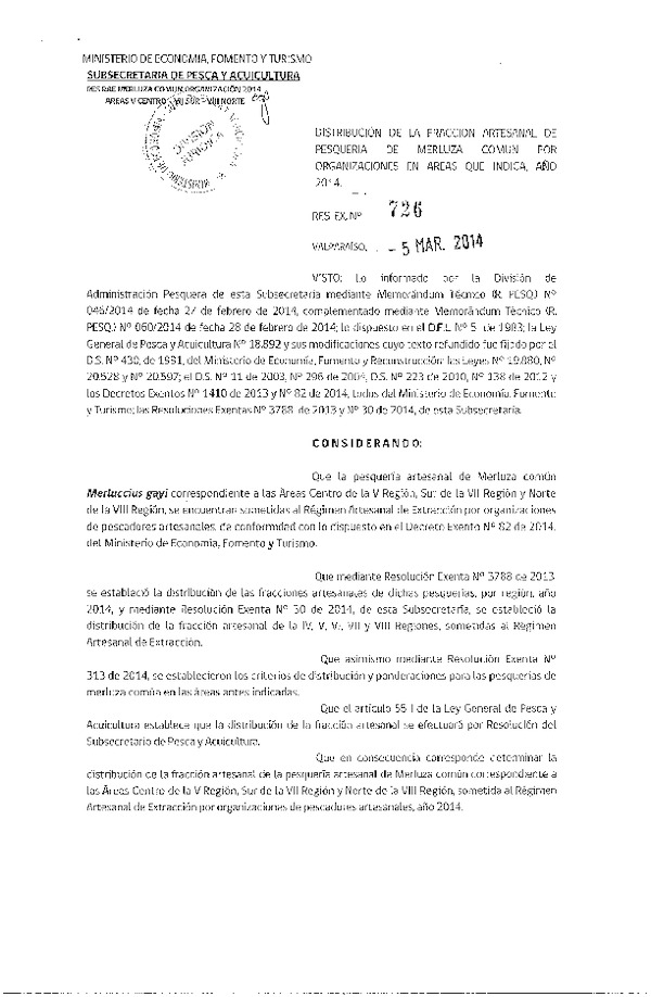 R EX Nº 726-2014 Distribución de la Fracción artesanal Pesquería de Merluza común entre la V y VIII Región.