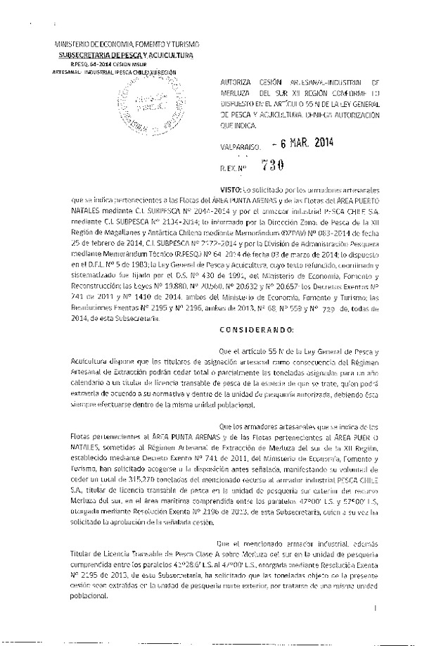 R EX N° 730-2014 Autoriza Cesión Recurso Merluza del sur XII Región.
