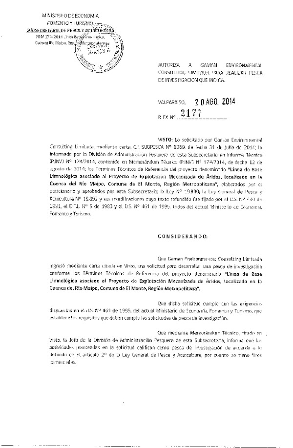 R EX N° 2177-2014 Línea de base Limnológica asociado al proyecto de Explotación Mecanizada de Aridos, Cuenca Río Maipo, comuna de El Monte, Región Metropolitana.