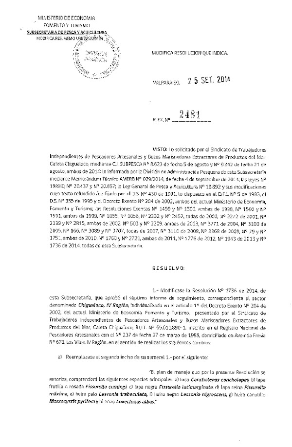 R EX N° 2481-2014 Modifica R EX N° 1736-2014 15° SEGUIMIENTO.