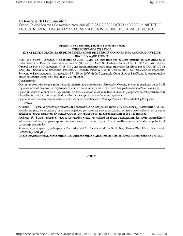 D EX N° 158-2014 Establece Porcentaje de Desembarque Especie Langostino enano, I-II Región.