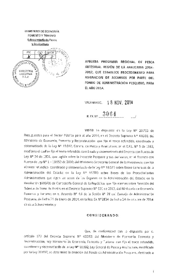 R EX N° 3064-2014 Aprueba Programa Regional de Pesca Artesanal Región de la Araucanía 2014-2017, que Establece Procedimiento para Asignación de Recursos por parte del Fondo de Administración Pesquero, para año 2014.