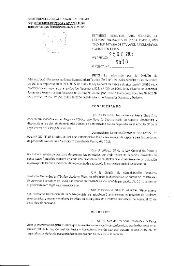 R EX N° 3510-2014 Establece Toneladas para Titulares de Licencias Transables de Pesca Clase A, año 2015. Fija Nómina de Titulares, Arrendatarios y Meros Tenedores. (Publicada en Diario Oficial 27-12-2014)