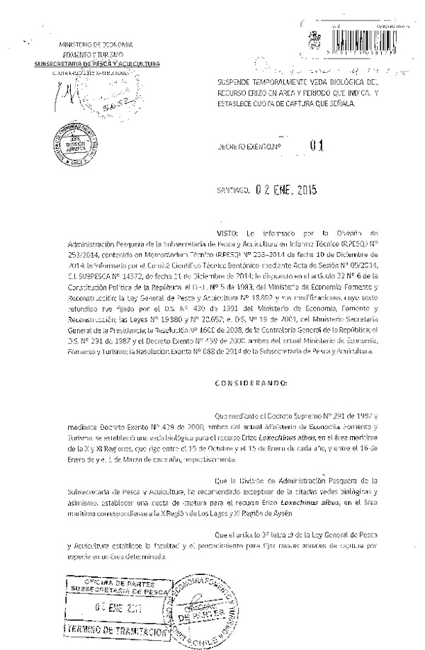 D EX Nº 1-2015 Suspende temporalmente Veda Biológica recurso Erizo X-XI Región y Establece Cuota de Captura. (Publicado en Diario Oficial 14-01-2015)