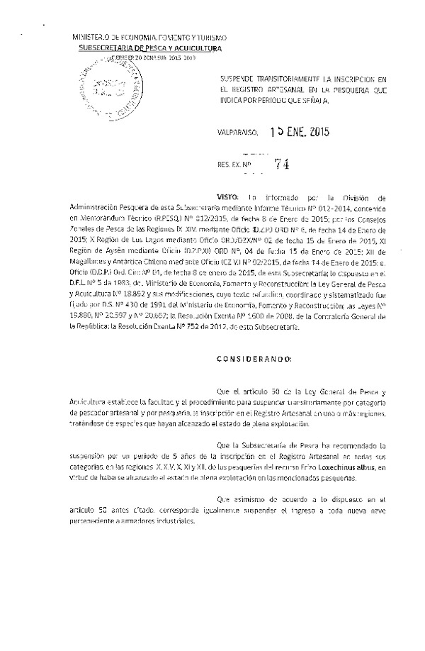 R EX N° 74-2015 Suspensión Transitoriamente la Inscripción en el Registro Artesanal recurso Erizo XIV-XII Regiones. (Publicada en Diario Oficial (19-01-2015)